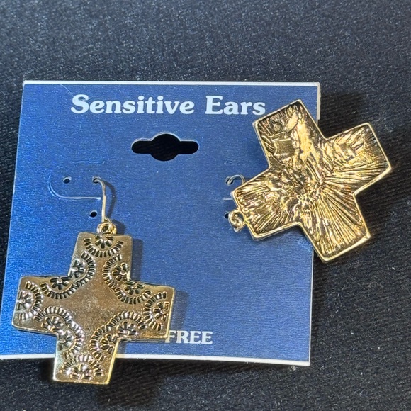 Gold Tone Filigree Cross Dangle Earrings 2 inch - Picture 8 of 8